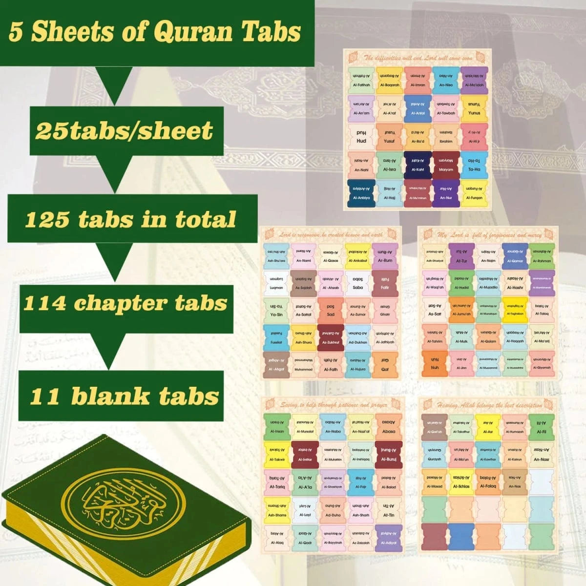 125 Onglets du Coran Laminés – 114 Sourates + 11 Vierge | Onglets d’Index, Étiquettes, Marque-pages pour Livre du Coran Al-imen MULTI Librairie Musulmane Al-imen