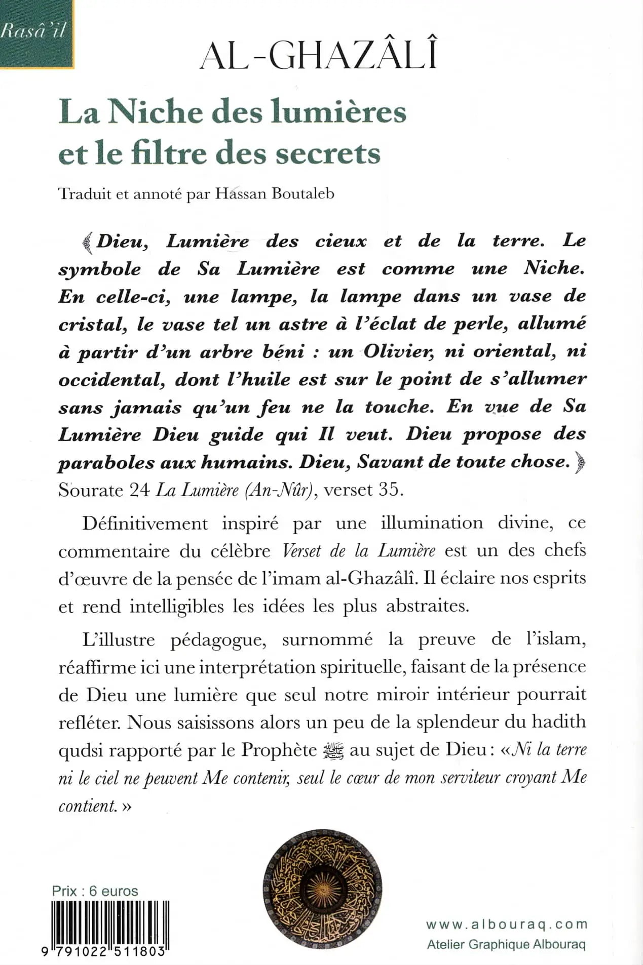 La Niche des lumières et le filtre des secrets (Bilingue/Poche) par Abu Hamid Al-Ghazali Verso - albouraq