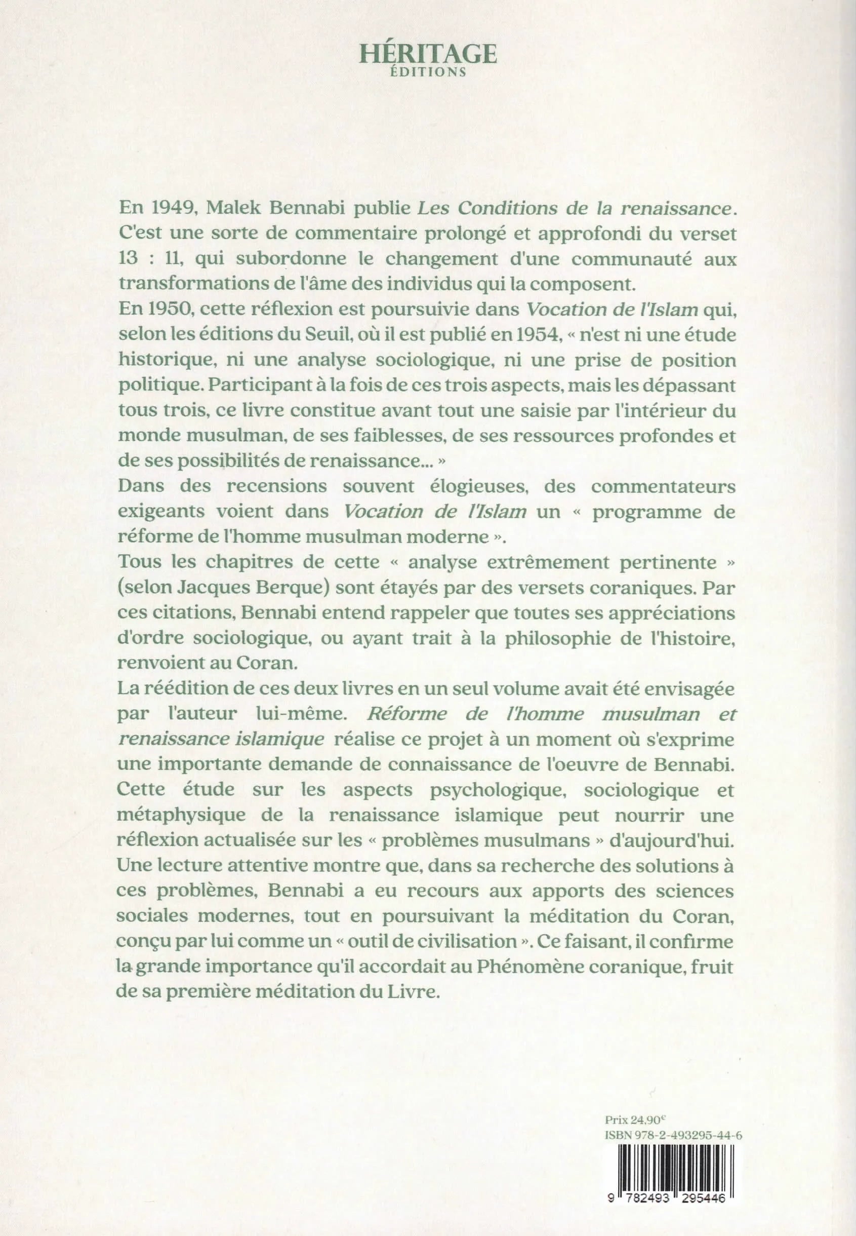 Réforme de l’homme musulman & renaissance islamique par Malek Bennabi - éditions Héritage - Couverture Verso du Livre