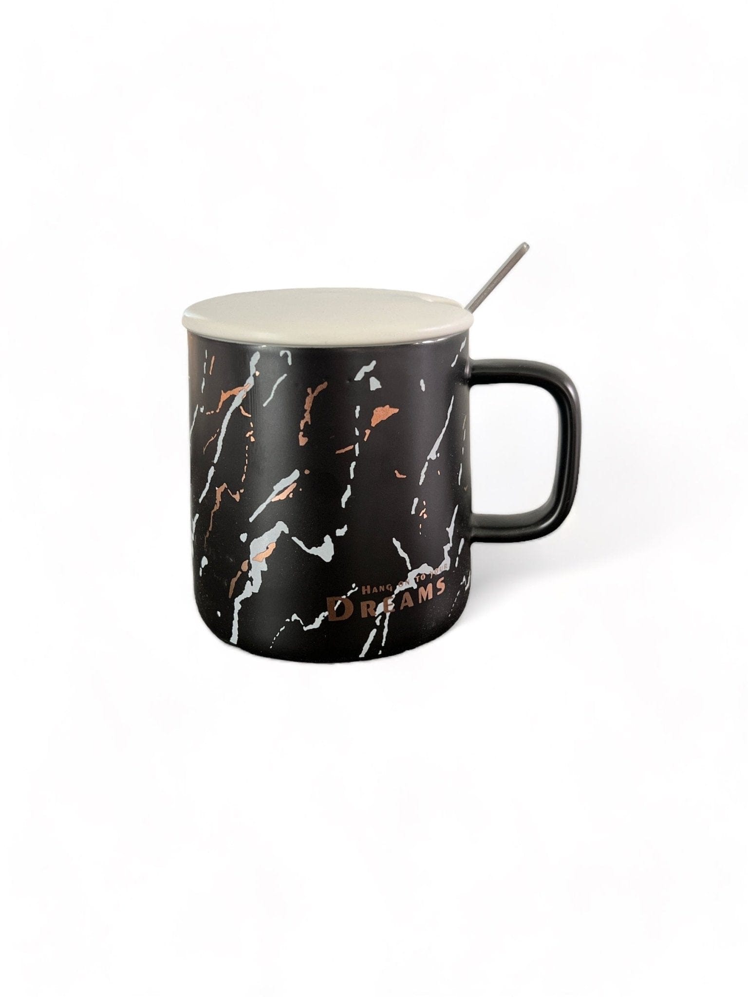 Tasse en céramique effet marbre avec cuillère en métal et couvercle céramique - Mug Moderne et élégant - 250 ml Al-imen Décoration 9782492025334 Librairie Musulmane Al-imen