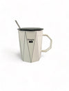 Tasse en céramique géométrique blanche " Simple Life" avec cuillère en métal et couvercle céramique - Design moderne - 250 ml Al - imen