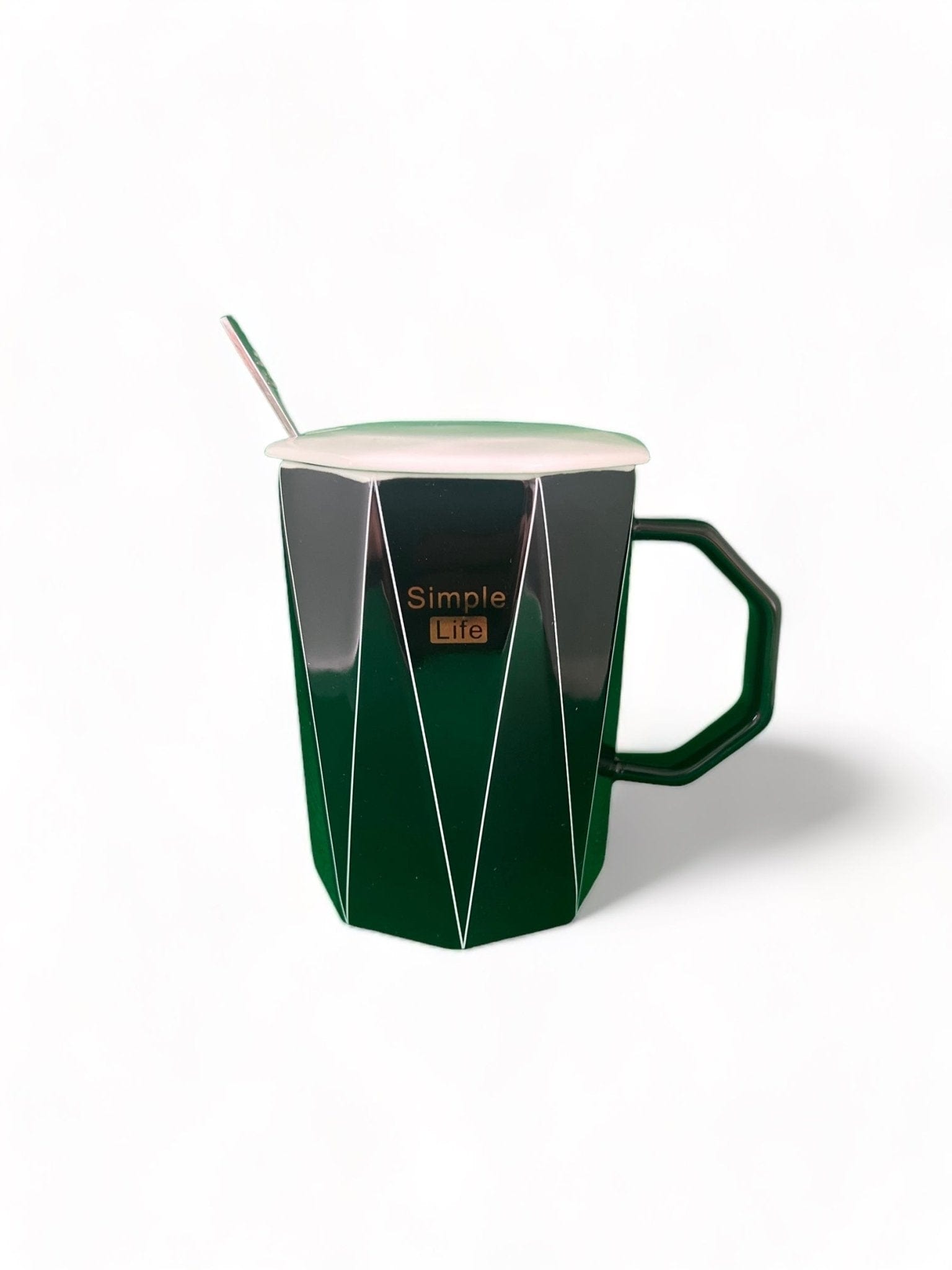 Tasse en céramique géométrique noire " Simple Life" avec cuillère en métal et couvercle céramique - Design moderne - 250 ml Al-imen Décoration 9782492025341 Librairie Musulmane Al-imen